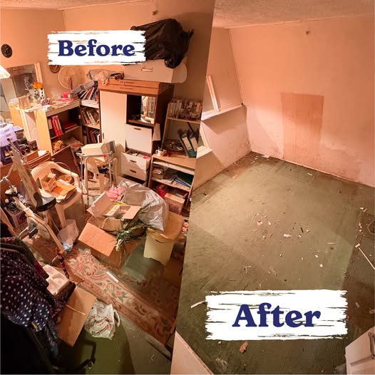 Before and after images of a small bedroom, first packed with shelves, boxes and belongings, then completely emptied to the floorboards