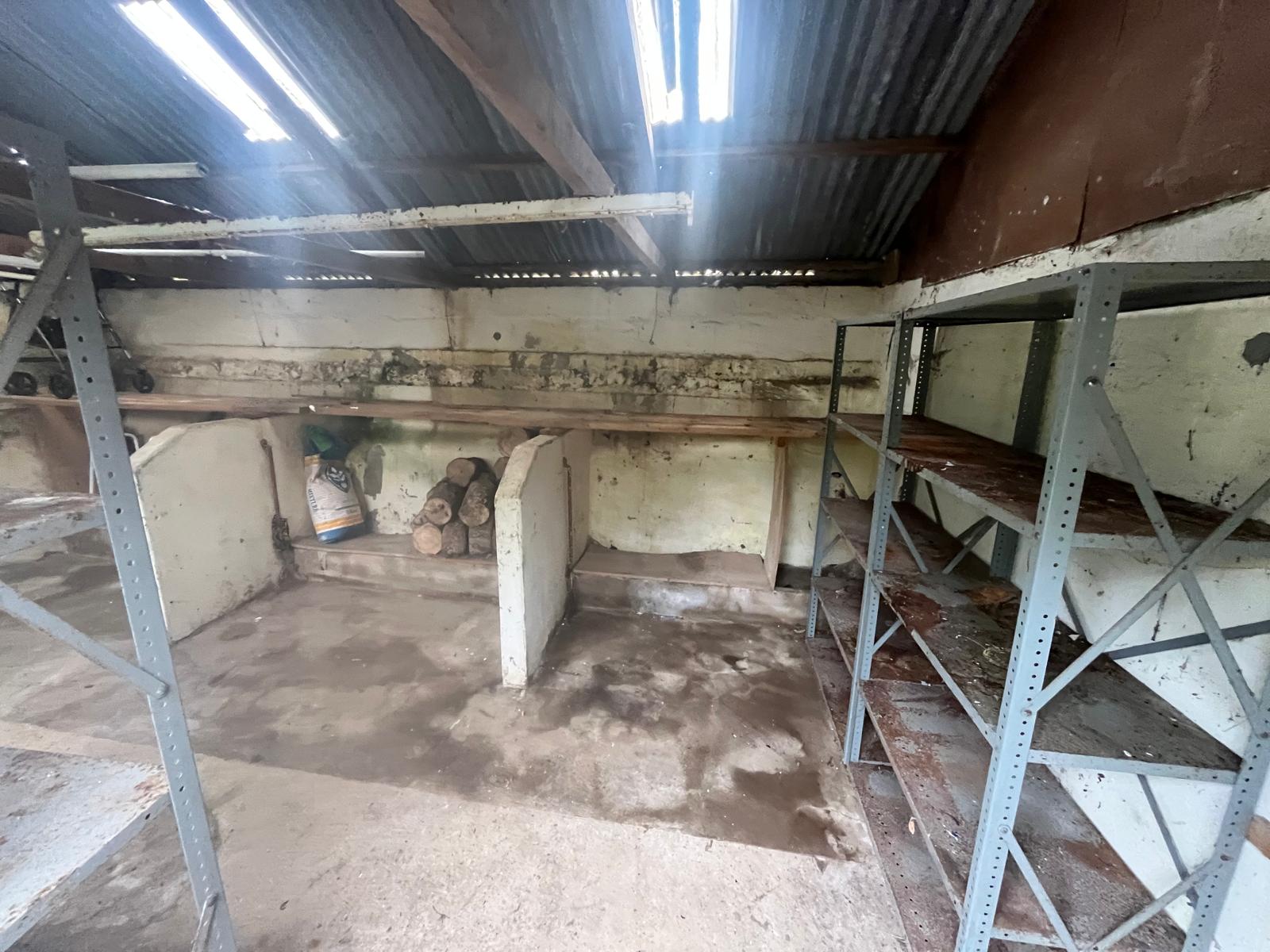Empty swept garage bay with bare steel shelving and clean concrete floor after clearance